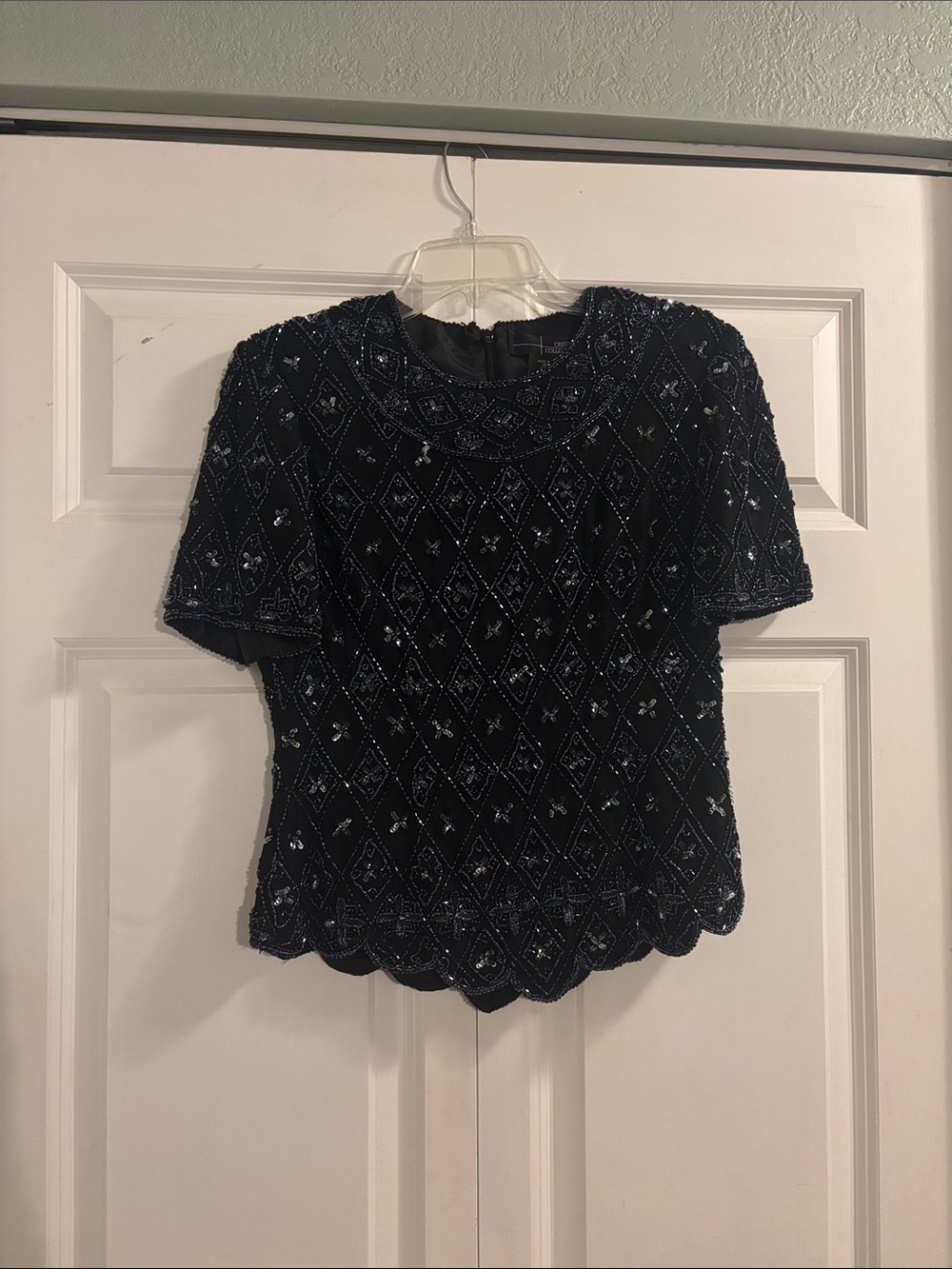 Embellished Black Short-Sleeve Evening Blouse